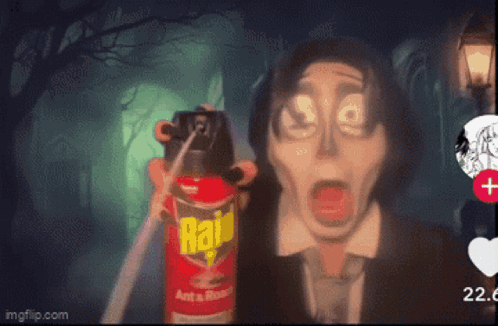 A Man In A Suit And Tie Is Holding A Can Of Rat Killer GIF