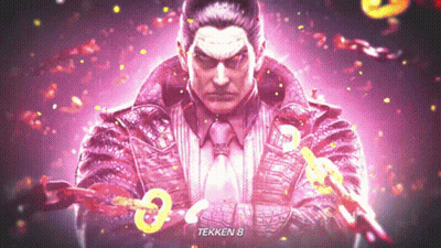 A Man In A Suit And Tie Is Holding A Chain And The Word Tekken 8 Is On The Bottom Of The Screen GIF