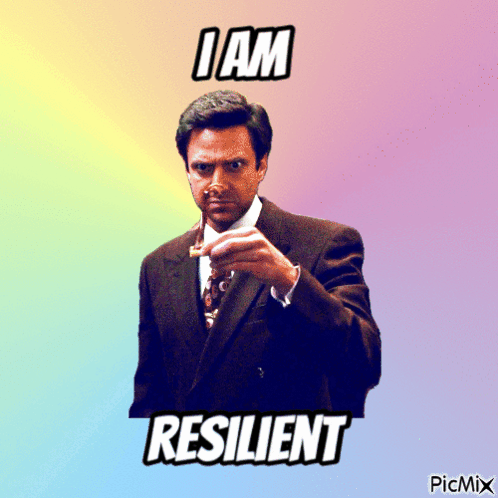 A Man In A Suit And Tie Is Holding A Cigarette And The Words I Am Resilient Are Above Him GIF