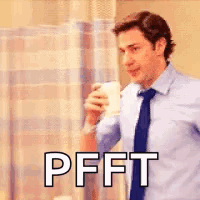 A Man In A Suit And Tie Is Holding A Cup Of Coffee And Says `` Pfft '' . GIF
