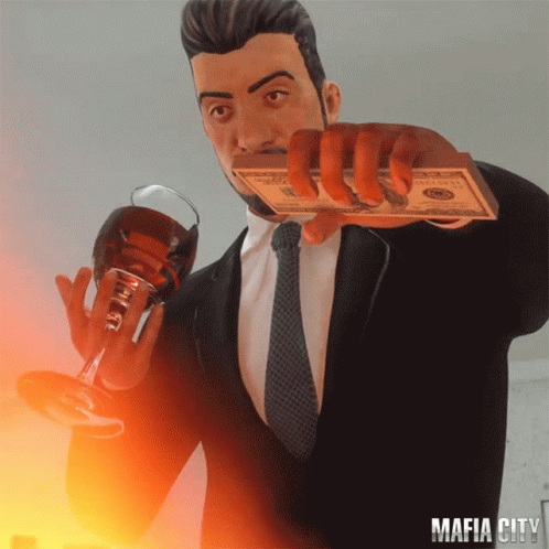 A Man In A Suit And Tie Is Holding A Glass Of Wine And A Stack Of Money That Says Mafia City On The Bottom GIF