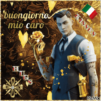 A Man In A Suit And Tie Is Holding A Gold Rose With The Words Buongiorno Mio Caro Above Him GIF