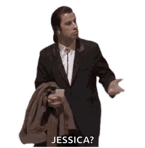 A Man In A Suit And Tie Is Holding A Jacket And Asking Jessica . GIF