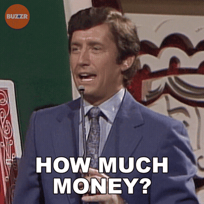 A Man In A Suit And Tie Is Holding A Microphone And Asking How Much Money GIF