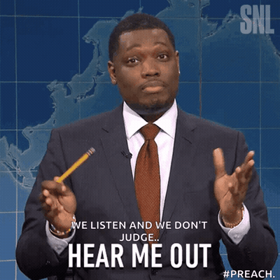 A Man In A Suit And Tie Is Holding A Pencil And Says " Hear Me Out " GIF