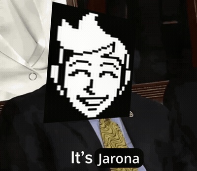 A Man In A Suit And Tie Is Holding A Picture Of A Pixelated Face With The Words It 'S Jarona Underneath It GIF