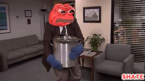 A Man In A Suit And Tie Is Holding A Pot With A Frog Head On His Head GIF