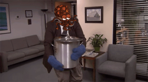 A Man In A Suit And Tie Is Holding A Pot With An Octopus On His Head GIF