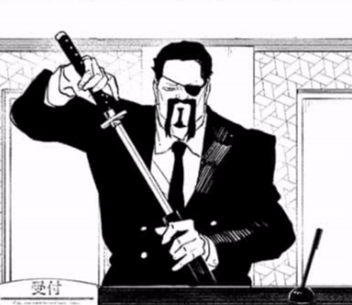 A Man In A Suit And Tie Is Holding A Sword In His Hand . GIF