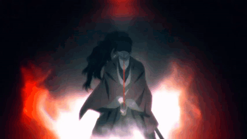 A Man In A Suit And Tie Is Holding A Sword In The Dark GIF