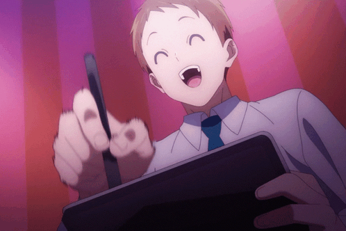 A Man In A Suit And Tie Is Holding A Tablet And Smiling GIF