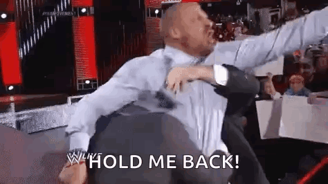 A Man In A Suit And Tie Is Holding Another Man In A Wrestling Match And Says `` Hold Me Back '' . GIF