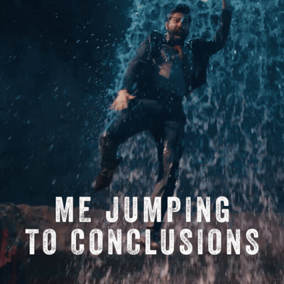 A Man In A Suit And Tie Is Jumping In The Water With The Words Me Jumping To Conclusions GIF