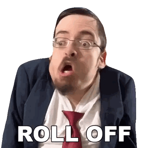 A Man In A Suit And Tie Is Making A Funny Face And Says Roll Off Sticker