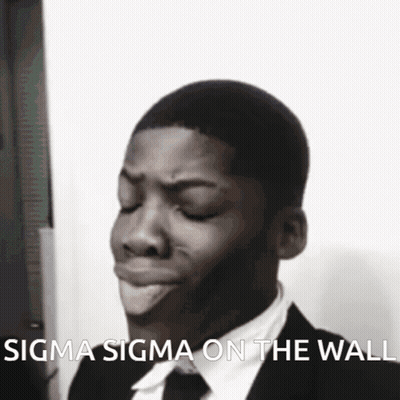 A Man In A Suit And Tie Is Making A Funny Face With The Words Sigma Sigma On The Wall Above Him GIF