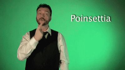 A Man In A Suit And Tie Is Making A Sign That Says Poinsettia GIF