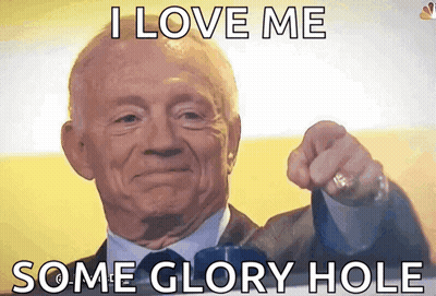 A Man In A Suit And Tie Is Pointing At The Camera With The Words I Love Me Some Glory Hole Below Him GIF