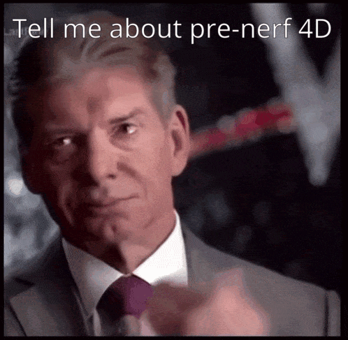 A Man In A Suit And Tie Is Pointing At The Camera With The Words Tell Me About Pre-Nerf 4D Above Him GIF