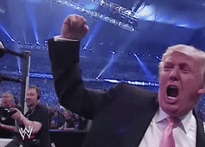 A Man In A Suit And Tie Is Raising His Fist In The Air In A Wrestling Ring . GIF