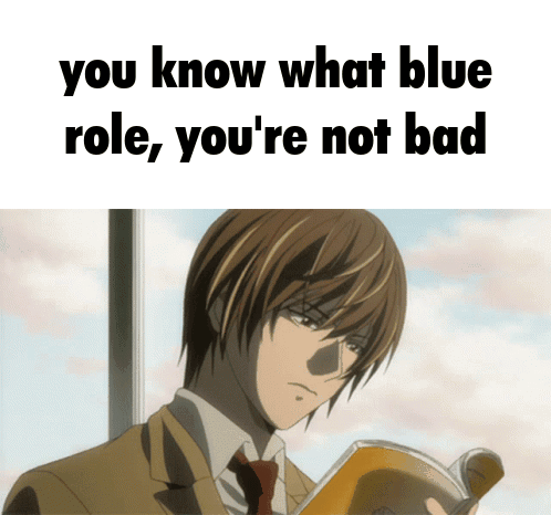 A Man In A Suit And Tie Is Reading A Book With The Words " You Know What Blue Role You 'Re Not Bad " Below Him GIF