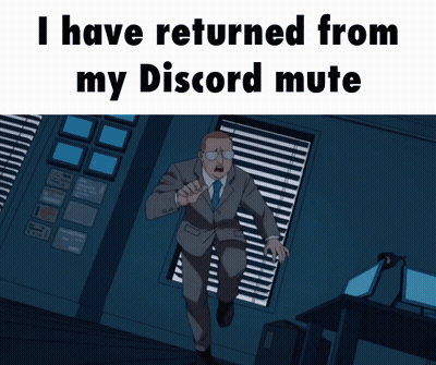 A Man In A Suit And Tie Is Running In A Dark Room With The Words I Have Returned From My Discord Mute GIF