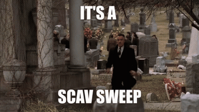 A Man In A Suit And Tie Is Running Through A Cemetery With The Caption It 'S A Scav Sweep GIF