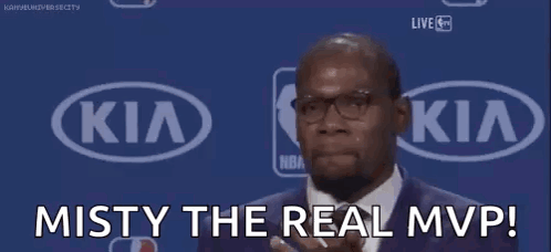 A Man In A Suit And Tie Is Saying Misty The Real Mvp . GIF