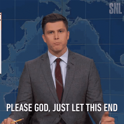 A Man In A Suit And Tie Is Saying " Please God Just Let This End " GIF