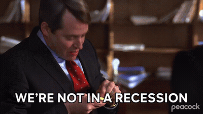 A Man In A Suit And Tie Is Saying " We 'Re Not In A Recession " GIF