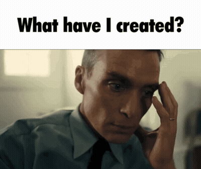 A Man In A Suit And Tie Is Scratching His Forehead With The Words What Have I Created Above Him GIF