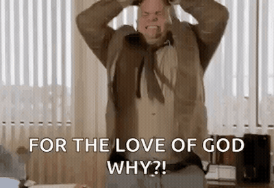 A Man In A Suit And Tie Is Screaming With His Hands On His Head And Says `` For The Love Of God Why ? '' GIF