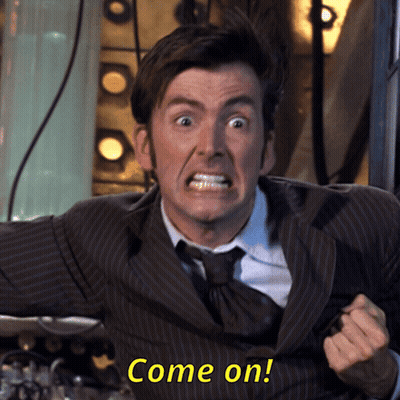 a man in a suit and tie is screaming with the words come on written below him