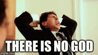 A Man In A Suit And Tie Is Screaming With The Words " There Is No God " Behind Him GIF