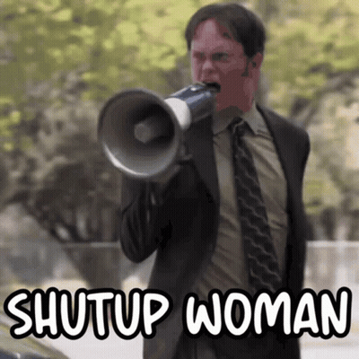 A Man In A Suit And Tie Is Shouting Into A Megaphone With The Words Shutup Woman Above Him GIF