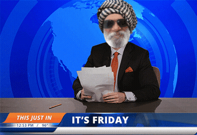 A Man In A Suit And Tie Is Sitting At A Desk With The Words " It 'S Friday " On The Bottom GIF