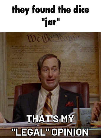 A Man In A Suit And Tie Is Sitting At A Desk With The Words " They Found The Dice " GIF