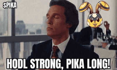 A Man In A Suit And Tie Is Sitting At A Table With His Eyes Closed And The Words " Hodl Strong Pika Long " On The Screen GIF