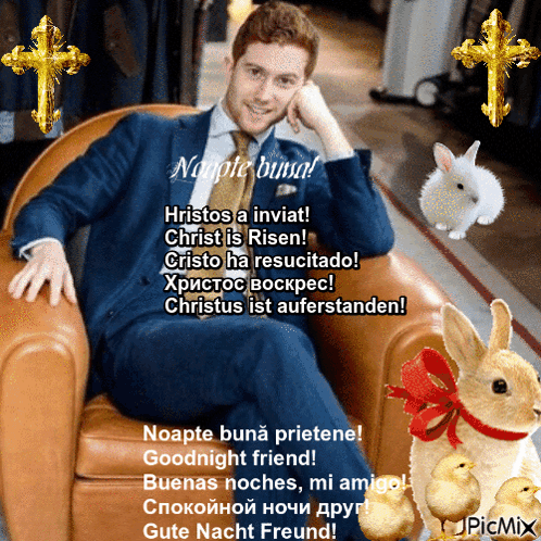 A Man In A Suit And Tie Is Sitting In A Chair With A Picture Of A Rabbit And Chicks Behind Him GIF