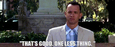 A Man In A Suit And Tie Is Sitting On A Bench And Says That 'S Good One Less Thing . GIF