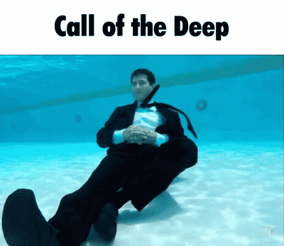 A Man In A Suit And Tie Is Sitting Underwater With The Words Call Of The Deep Below Him GIF