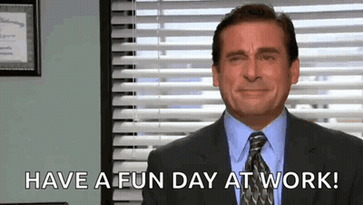 A Man In A Suit And Tie Is Smiling And Saying `` Have A Fun Day At Work '' . GIF