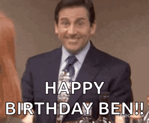 A Man In A Suit And Tie Is Smiling And Says Happy Birthday Ben . GIF