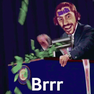 A Man In A Suit And Tie Is Standing Behind A Podium With Money Falling Around Him And The Words Brrr On The Bottom Right GIF