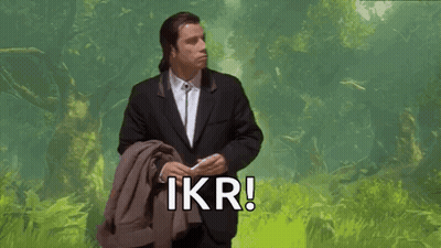 A Man In A Suit And Tie Is Standing In A Field With The Word Ikr Written On The Bottom GIF