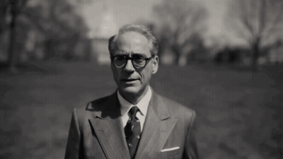 A Man In A Suit And Tie Is Standing In A Grassy Field . GIF