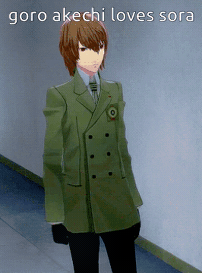 A Man In A Suit And Tie Is Standing In A Hallway With A Caption That Says " Goro Akichi Loves Sora " GIF
