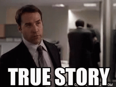 A Man In A Suit And Tie Is Standing In A Hallway With The Words `` True Story '' Behind Him . GIF
