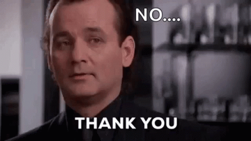A Man In A Suit And Tie Is Standing In Front Of A Bar And Saying `` No ... Thank You '' . GIF