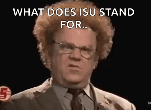 A Man In A Suit And Tie Is Standing In Front Of A Black Background And Asking What Does Isu Stand For . GIF