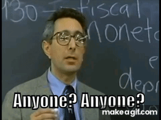 A Man In A Suit And Tie Is Standing In Front Of A Blackboard With The Words " Anyone ? Anyone ? " GIF
